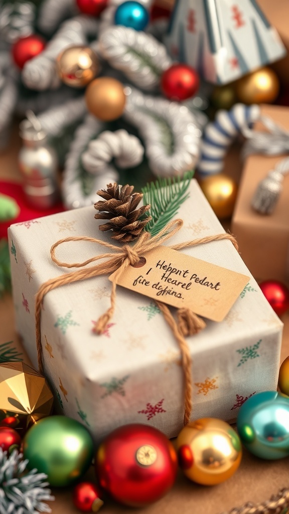A decorated Christmas gift with pinecones and twine on a festive background.